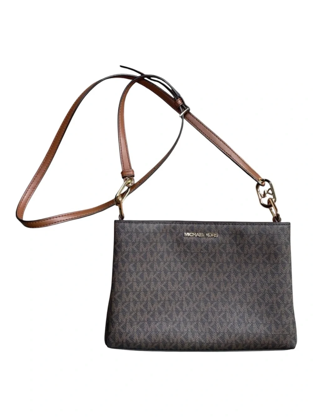 MICHAEL KORS TRISHA TRIPLE COMPARTMENT CROSSBODY MEDIUM MESSENGER BAG BROWN LOGO